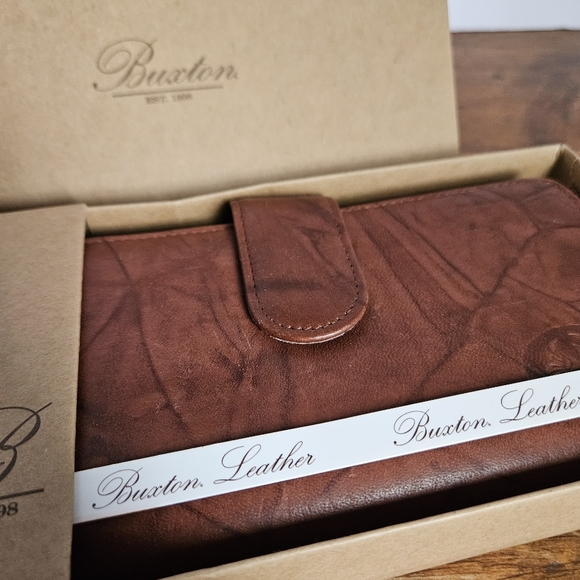 Buxton Brown Leather Wallet Womens Bifold New In Box W/ Photo Holder Insert - Picture 2 of 13